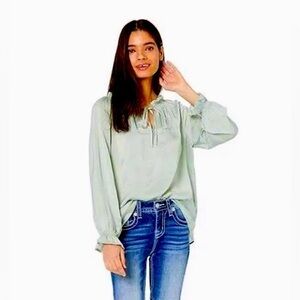 Miss Me Smoking Detail Woven Womens Peasant Blouse Top Sage Green Ruffled Neck S